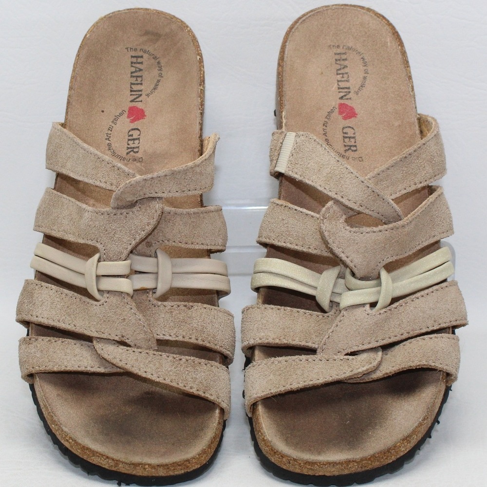 Haflinger Womens Tan Suede‎ Multi Strap Cork Footbed Slide Sandals Size 38